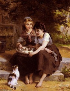 Deux Filles Avec Un Panier De Chatons — Émile Munier