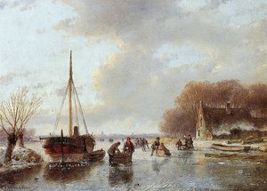 Scaters Near Boat In Ice Sun — Andreas Schelfhout