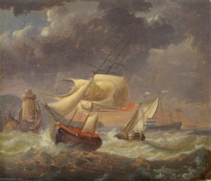 Ships Off A Coastal Keep — Philip John Ouless