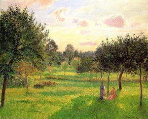Two Women In A Meadow - Sunset At Eragny. — Camille Pissarro, Impressionism
