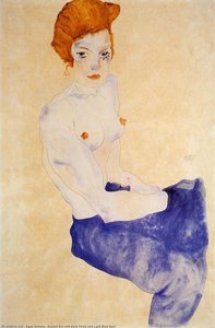 Seated Girl With Bare Torso And Light Blue Skirt — Egon Schiele, Expressionism