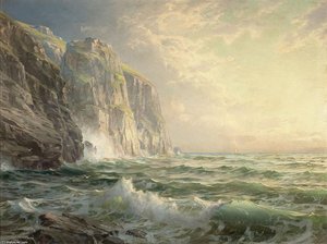 Rocky Cliff With Stormy Sea, Cornwall — William Trost Richards