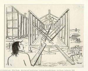 New Barrack Construction, Tanforan Assembly Center, San Bruno, California, 1942 — Miné Okubo