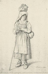"cervarola". Standing Woman In Traditional Costume By Cervara, A Tied Pouch On Her Head And With A Walking Stick — Theodor Leopold Weller