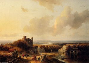 An Extensive River Landscape With Travellers — Barend Cornelis Koekkoek