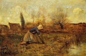Farmer Kneeling Picking Dandelions — Jean-baptiste-camille Corot, Romantic Landscape