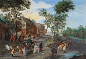 Dorflandschaft mit Reisegesellschaft