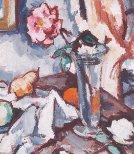 Pink Rose In Glass Vase With Fruit — Samuel John Peploe