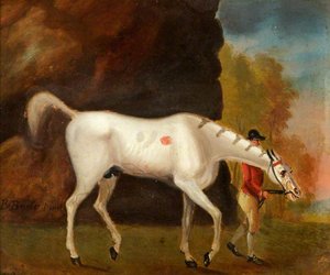 A Jockey In A Red Jacket Leading A Grey Horse — Benjamin Barker I