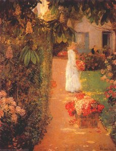 Gathering Flowers In A French Garden — Frederick Childe Hassam