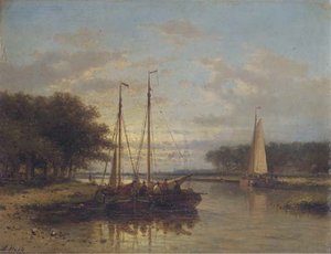 Sailing Vessels On A Calm River At Dusk — Abraham Hulk Senior, Romanticism