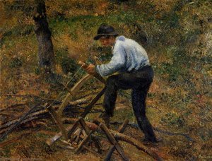 Pere Melon Sawing Wood, Pontoise — Camille Pissarro, Impressionist Landscape