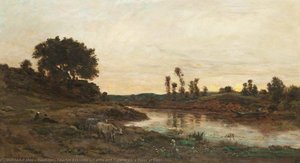 Cattle And Figures By A River At Dusk — Charles-françois Daubigny