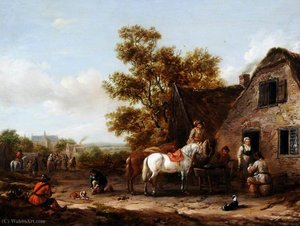 Figures And Horses By A Tavern — Barend Gael Or Gaal