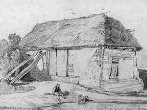 East Winch, Norfolk; A Man And A Dog By A River With A Barn Beyond — John Sell Cotman