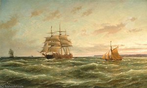 A Three-master And Other Sailing Boats On Sea — Cornelis Christiaan Dommelshuizen