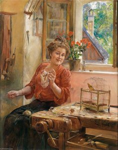 Lady Knitting At The Window With Canary — Ernst Nowak