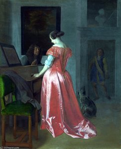 A Woman standing at a Harpsichord, a Man seated by her