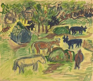 Pastoral Scene Animals, Cabins, Trees — William H. Johnson
