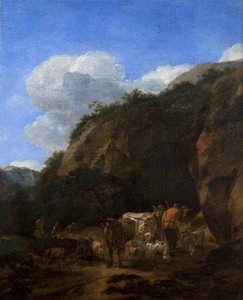 A Hilly Landscape With Herdsmen, Cattle And Sheep — Nicolaes Pietersz Berchem