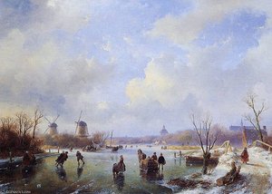 Scaters On Frozen River With Mill Sun — Andreas Schelfhout