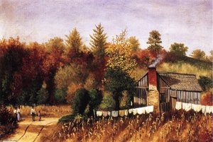 Autumn Scene In North Carolina With Cabin, Wash Line, And Cornfield — William Aiken Walker