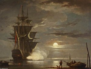 A Ship Firing A Gun By Moonlight — Francis Swaine