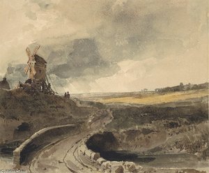 A Bridge Over A River With A Windmill Beyond, Lincolnshire — Peter De Wint