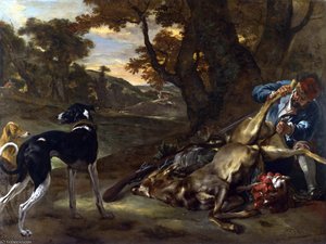 A Huntsman cutting up a Dead Deer, with Two Deerhounds