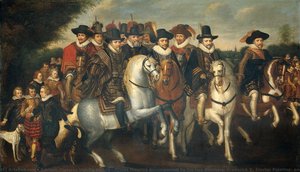 Prince Maurice Accompanied by his two Brothers, Frederick V, Elector Palatine, and Counts of Nassau on Horseback, Adriaen Pietersz van de Venne (follower of), c. 1625