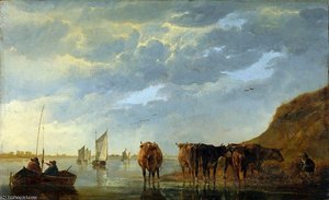 Herdsman With Cows By A River — Aelbert Jacobsz Cuyp
