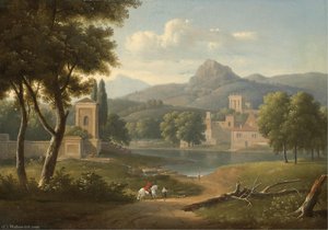 A Classical River Landscape With Travellers On A Path In The Foreground — Alexandre-hyacinthe Dunouy