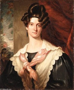 Portrait Of A Lady, Half Length, Wearing A Back Dress With A Pink Scarf And A White Shawl — George Henry Harlow