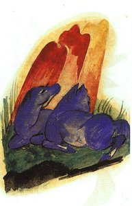 Two Blue Horses In Front Of A Red Roc — Franz Marc