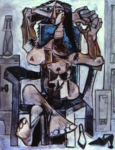 Nude In An Armchair With A Bottle Of Evian Water, A Glass And Shoes — Pablo Picasso