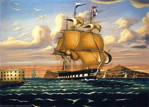 Packet Ship Passing Castle Williams, New York Harbor — Thomas Chambers, Romanticism