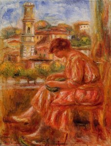 Woman At The Window With A View Of Nice — Pierre-auguste Renoir