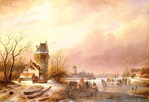 Skaters On A Frozen River — Andreas Schelfhout