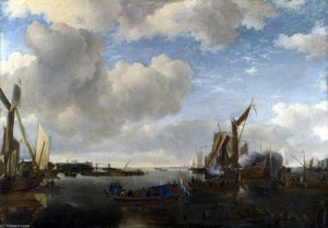 A River Scene With A Dutch Yacht Firing A Salute — Jan Van De Cappelle