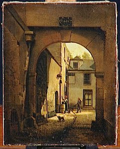 Cour D'une Maison De Paris, Avec Puits, Personnages Et Chien — Bouhot Etienne