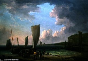 A coastal landscape with fishermen unloading