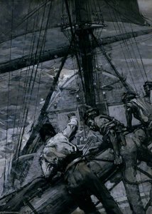Heavy Weather In The Channel Stowing The Mainsail — Frank Brangwyn