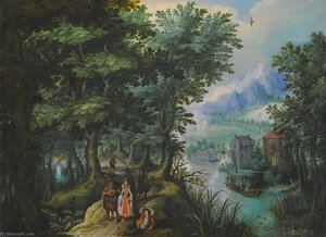 A River Landscape With Elegant Figures On A Path, A Village On The Far Bank — Anton Mirou