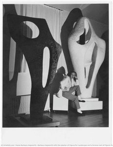 Barbara Hepworth with the plaster of Figure for Landscape and a bronze cast of Figure (Archaean), November 1964.