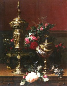 A still life with a german cup, a nautilus cup, a goblet an