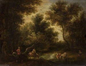 Wooded Landscape With Stream And Figures — Theobald Michau
