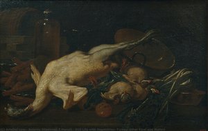 Still Life With Vegetables, Turkey, Other Fowl And Wafers — Antonio Viladomat Y Manalt
