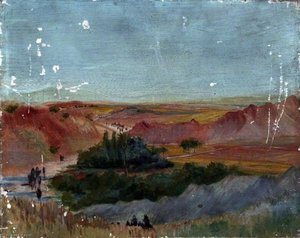 Mountainous Desert Landscape With An Oasis And Figures — Caroline Emily Gray Hill, Impressionism