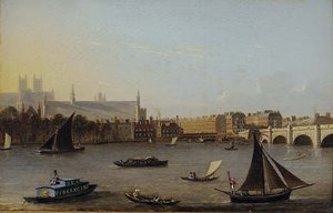 A View Of Westminster With A Sun Fire Barge In The Foreground, And Westminster Bridge Beyond — Daniel Turner