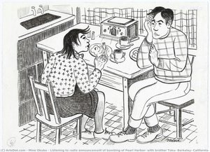 Listening To Radio Announcement Of Bombing Of Pearl Harbor, With Brother Toku, Berkeley, California, 1941 — Miné Okubo